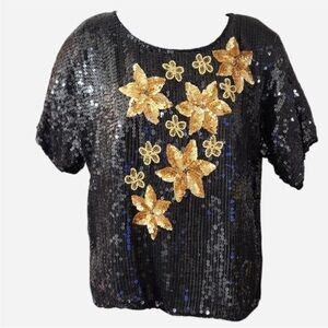 80s Vintage Black Sequin Beaded Silk Gold Floral Embellishment Blouse Top Flower